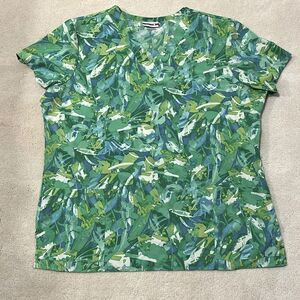 White Cross Womens Scrub Healthcare Top Size Large , Tropical Leaf Green & Blue